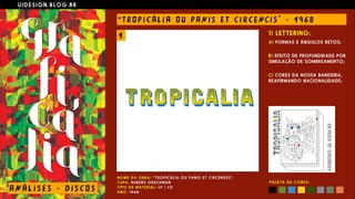U I D E S I G N . B L O G . B R
AN Á L I S E S - D I S CO S
“ T RO P I C Á L I A O U PANI S E T C I R CE NC I S " - 1 9 6 8
N O M E D A O B R A : “ T R O P I C Á L I A O U P A N I S E T C I R C E N S E S ” ,  
C A P A : RU B E N S G E R C H M A N  
T I P O D E M A T E R I A L : L P / C D  
A N O : 1 9 6 8
1) LETTERING:
A) FORMAS E ÂNGULOS RETOS;
 
B) EFEITO DE PROFUNDIDADE POR
SIMULAÇÃO DE SOMBREAMENTO;
 
C) CORES DA NOSSA BANDEIRA,
REAFIRMANDO NACIONALIDADE;
P A L E T A D E C O R E S :
1
 