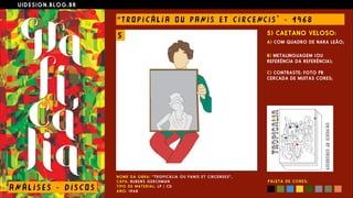 U I D E S I G N . B L O G . B R
AN Á L I S E S - D I S CO S
“ T RO P I C Á L I A O U PANI S E T C I R CE NC I S " - 1 9 6 8
N O M E D A O B R A : “ T R O P I C Á L I A O U P A N I S E T C I R C E N S E S ” ,  
C A P A : RU B E N S G E R C H M A N  
T I P O D E M A T E R I A L : L P / C D  
A N O : 1 9 6 8
5) CAETANO VELOSO:
A) COM QUADRO DE NARA LEÃO;
 
B) METALINGUAGEM (OU
REFERÊNCIA DA REFERÊNCIA); 
 
C) CONTRASTE: FOTO PB
CERCADA DE MUITAS CORES;
P A L E T A D E C O R E S :
5
 
