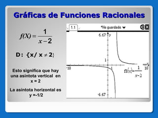 Gráficas de Funciones Racionales
1
f(X) =
x −2
D : {x/ x ≠ 2}
Esto significa que hay
una asíntota vertical en
x=2
La asíntota horizontal es
y =-1/2

 