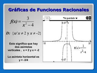 Gráficas de Funciones Racionales

3
f(x) = 2
x −4
D: { x/ x ≠ 2 y x ≠ - 2}
Esto significa que hay
dos asíntotas
verticales , x = 2 y x = -2
La asíntota horizontal es
y = -3/4

 