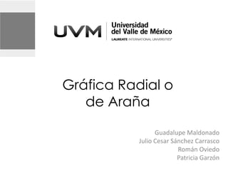 Gráfica Radial o
   de Araña

                 Guadalupe Maldonado
           Julio Cesar Sánchez Carrasco
                         Román Oviedo
                         Patricia Garzón
 