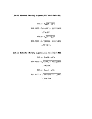 Calculo de límite inferior y superior para muestra de 190
LCI:p − 3√p(1 − p)/n
LCI: 0,133 − 3√0,133(1 − 0,133)/190
𝑳𝑪𝑰: 𝟎, 𝟎𝟓𝟗
LCS: p + 3√p(1− p)/n
LCS:0,133 + 3√0,133(1− 0,133)/190
𝑳𝑪𝑺: 𝟎, 𝟐𝟎𝟔
Calculo de límite inferior y superior para muestra de 190
LCI:p − 3√p(1 − p)/n
LCI: 0,133 − 3√0,133(1 − 0,133)/180
𝑳𝑪𝑰: 𝟎, 𝟎𝟓𝟖
𝐿𝐶𝑆: 𝑝 + 3√𝑝(1 − 𝑝)/𝑛
LCS:0,133 + 3√0,133(1− 0,133)/180
𝑳𝑪𝑺: 𝟎, 𝟐𝟎𝟖
 