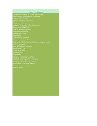 Planes Para El Futuro
Trabajar En Un Viñedo En La Costa de Portugal
Ser profesional y trabajar para sus 12 hijos
Ser profesor de sociales
Expresar el arte con sus manos
Trabajar siendo medica
Ser dueño de un hotel en las Islas Canarias
Cantar como Ricky Martin
Tener su propio consultorio
Ser medico en namibia
Pertenecer a la nasa
Arreglar Pc's
Tener mis hijos y trabajar
Tener su propio consultorio
Ojala no me infectes de ninguna enfermedad y ser bueno
Ser Prefe de ingles
Ser prfecional en la tecnologia
Ser piloto de la FAC
Quiere ser azafata
Ser caricaturista
Ser pediatra
Trabajar y estudiar para sus hijos
Estudiar 3 carreras y vivir en argentina
Estudiar en Europa tener un esposo
Ser oficial de la FAC hasta juvilarce

Morir en Guerra
 