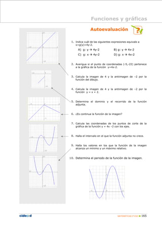 Funciones y gráficas

                Autoevaluación

 1. Indica cuál de las siguientes expresiones equivale a
    x=g(y)=4y-2.
      A) g: y      4y-2             B) g: y      4x-2
      C) g: x      4y-2             D) g: x       4x-2


 2. Averigua si el punto de coordenadas (-5,-22) pertenece
    a la gráfica de la función y=4x-2.


 3. Calcula la imagen de 4 y la antiimagen de –2 por la
    función del dibujo.


 4. Calcula la imagen de 4 y la antiimagen de –2 por la
    función y = x + 2.


 5. Determina el dominio y el recorrido de la función
    adjunta.


 6. ¿Es continua la función de la imagen?


 7. Calcula las coordenadas de los puntos de corte de la
    gráfica de la función y = 4x –2 con los ejes.


 8. Halla el intervalo en el que la función adjunta no crece.


 9. Halla los valores en los que la función de la imagen
    alcanza un mínimo y un máximo relativo.


10. Determina el periodo de la función de la imagen.




                                         MATEMÁTICAS 3º ESO   165
 