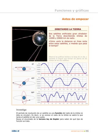 Funciones y gráficas

                                                        Antes de empezar


                                              ORBITANDO LA TIERRA

                                       Dos satélites artificiales giran alrededor
                                       de la Tierra describiendo órbitas de
                                       12000 y 20000 km de radio.
                                       ¿Cómo varía la distancia en línea recta
                                       entre estos satélites, a medida que pasa
                                       el tiempo?




                                       Observa las gráficas hechas a lo largo de un día, y
                                       variando el ángulo que forman los planos de las
                                       órbitas de los dos satélites.

                  0º




                  45º




                  90º




Investiga
El período de revolución de un satélite es una función del radio de la órbita (si
ésta es circular). Es decir, si se conoce el radio de la órbita se sabrá lo que
tarda el satélite en dar una vuelta.
Busca el enunciado de la tercera ley de Kepler para saber de qué tipo de
función se trata.




                                                                    MATEMÁTICAS 3º ESO   151
 