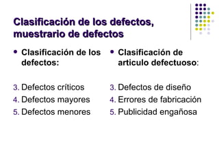Clasificación de los defectos, muestrario de defectos Clasificación de los defectos: Defectos críticos Defectos mayores  Defectos menores  Clasificación de articulo defectuoso : Defectos de diseño Errores de fabricación Publicidad engañosa 