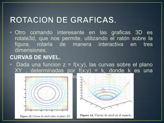 • Otro comando interesante en las graficas 3D es
rotate3d, que nos permite, utilizando el ratón sobre la
figura, rotarla de manera interactiva en tres
dimensiones.
CURVAS DE NIVEL.
• Dada una funcion z = f(x;y), las curvas sobre el plano
XY , determinadas por f(x;y) = k, donde k es una
constante se llaman curvas de nivel.
 