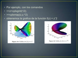 • Por ejemplo, con los comandos
• >>z=cplxgrid(12);
• >>cplxmap(z,z.^2)
• obtenemos la grafica de la función f(z) = zˆ2
 