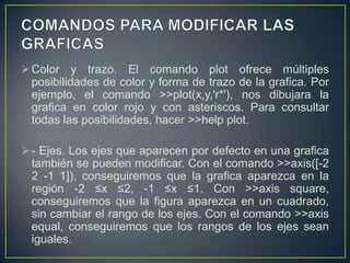 Color y trazo. El comando plot ofrece múltiples
posibilidades de color y forma de trazo de la grafica. Por
ejemplo, el comando >>plot(x,y,'r*'), nos dibujara la
grafica en color rojo y con asteriscos. Para consultar
todas las posibilidades, hacer >>help plot.
- Ejes. Los ejes que aparecen por defecto en una grafica
también se pueden modificar. Con el comando >>axis([-2
2 -1 1]), conseguiremos que la grafica aparezca en la
región -2 ≤x ≤2, -1 ≤x ≤1. Con >>axis square,
conseguiremos que la figura aparezca en un cuadrado,
sin cambiar el rango de los ejes. Con el comando >>axis
equal, conseguiremos que los rangos de los ejes sean
iguales.
 