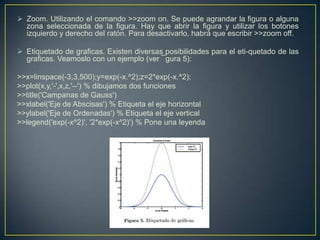  Zoom. Utilizando el comando >>zoom on. Se puede agrandar la figura o alguna
zona seleccionada de la figura. Hay que abrir la figura y utilizar los botones
izquierdo y derecho del ratón. Para desactivarlo, habrá que escribir >>zoom off.
 Etiquetado de graficas. Existen diversas posibilidades para el eti-quetado de las
graficas. Veamoslo con un ejemplo (ver ¯gura 5):
>>x=linspace(-3,3,500);y=exp(-x.^2);z=2*exp(-x.^2);
>>plot(x,y,'-',x,z,'--') % dibujamos dos funciones
>>title('Campanas de Gauss')
>>xlabel('Eje de Abscisas') % Etiqueta el eje horizontal
>>ylabel('Eje de Ordenadas') % Etiqueta el eje vertical
>>legend('exp(-x^2)', '2*exp(-x^2)') % Pone una leyenda
 