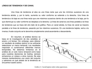 LÍNEAS DE TENDENCIA Y DE CANAL
Una línea de tendencia al alza es una línea recta que une los mínimos sucesivos de una
tendencia alcista, y, por lo tanto, aumenta su valor conforme se extiende a la derecha. Una línea de
tendencia a la baja es una línea recta que une máximos sucesivos dentro de una tendencia a la baja, por lo
que disminuye su valor conforme se desplaza a la derecha. La línea de canal es una línea paralela a la línea
de tendencia que se traza del otro lado de la gráfica. Para un canal alcista, la línea de canal se trazaría
paralela a la línea de tendencia, pasando por los máximos sucesivos. En una tendencia bajista, sería a la
inversa. A este conjunto se le denomina simplemente canal ascendente o descendente.
En resumen, el análisis técnico se
basa en la investigación de dos variables: el
precio y el tiempo. Sin embargo, para obtener
un resultado de análisis óptimo no es suficiente
seleccionar un marco temporal. Los resultados
mejorarán si combinamos diferentes marcos
temporales. No debemos limitarnos en el
análisis de un solo marco temporal como base
para nuestras decisiones de trading; siempre
echaremos un vistazo a otros marcos. De esta
manera mantendremos una visión del conjunto
y sabremos en qué estado de la tendencia se
encuentra nuestro activo.
 