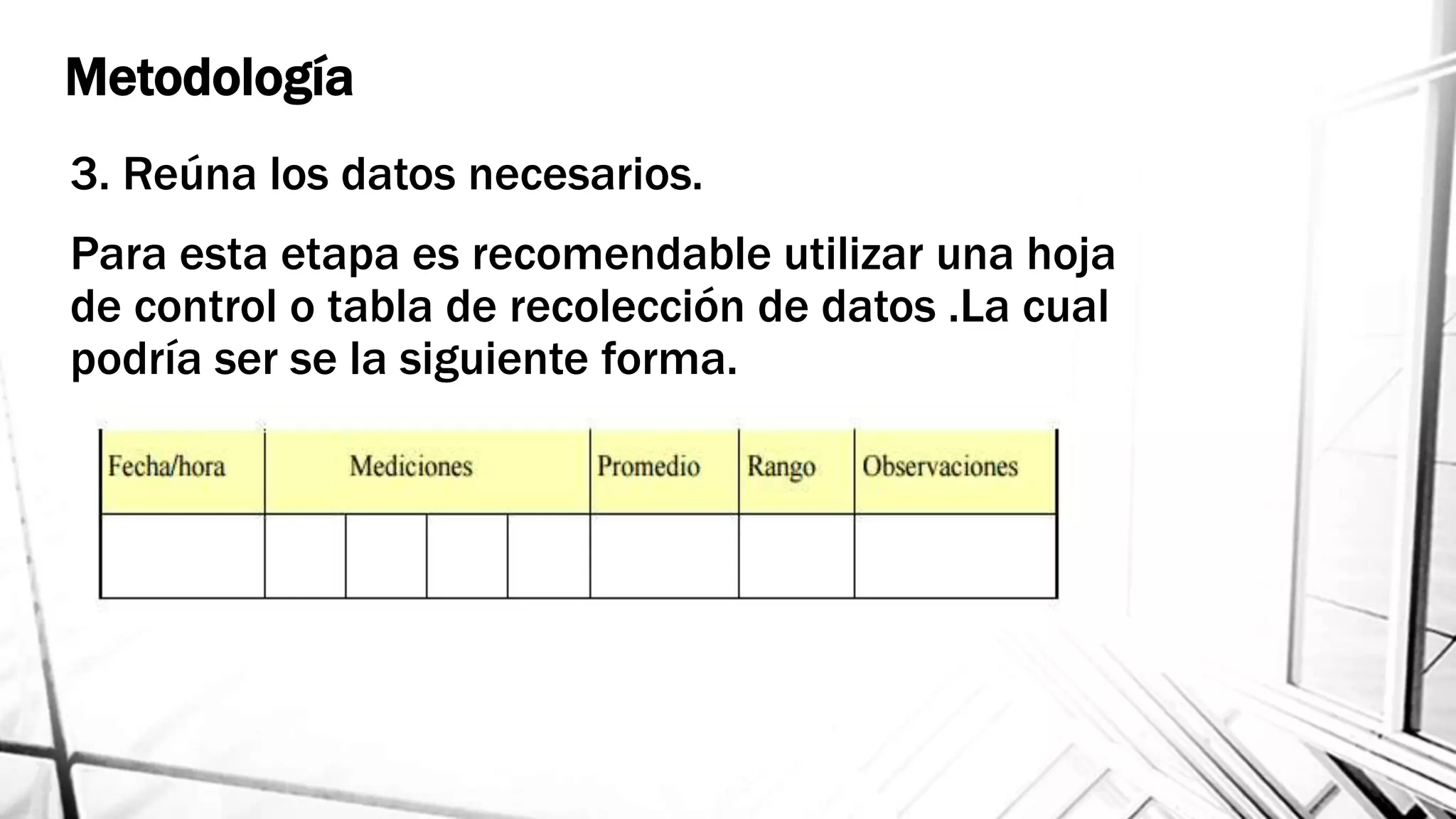 Metodología
3. Reúna los datos necesarios.
Para esta etapa es recomendable utilizar una hoja
de control o tabla de recolección de datos .La cual
podría ser se la siguiente forma.
 