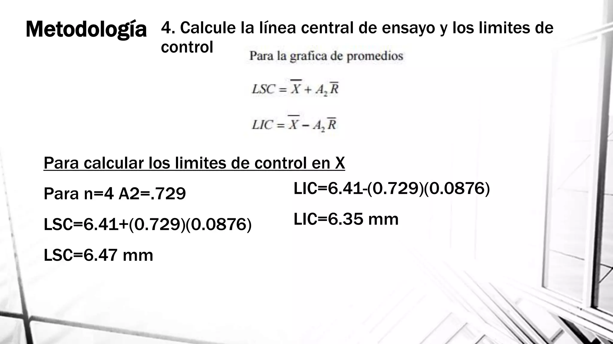 Metodología
Para calcular los limites de control en X
Para n=4 A2=.729
LSC=6.41+(0.729)(0.0876)
LSC=6.47 mm
LIC=6.41-(0.729)(0.0876)
LIC=6.35 mm
4. Calcule la línea central de ensayo y los limites de
control
 