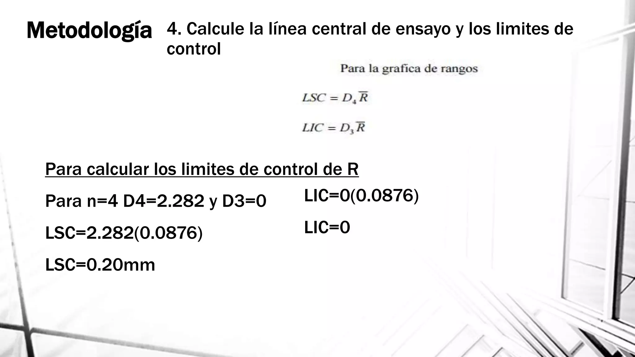 Metodología
Para calcular los limites de control de R
Para n=4 D4=2.282 y D3=0
LSC=2.282(0.0876)
LSC=0.20mm
LIC=0(0.0876)
LIC=0
4. Calcule la línea central de ensayo y los limites de
control
 