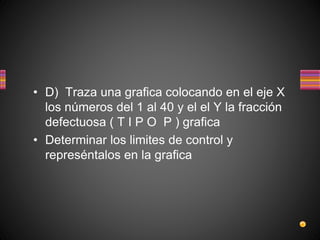 • D) Traza una grafica colocando en el eje X
los números del 1 al 40 y el el Y la fracción
defectuosa ( T I P O P ) grafica
• Determinar los limites de control y
represéntalos en la grafica
 