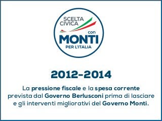 2012-2014
     La pressione fiscale e la spesa corrente
prevista dal Governo Berlusconi prima di lasciare
  e gli interventi migliorativi del Governo Monti.
 