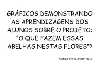 GRÁFICOS DEMONSTRANDO
 AS APRENDIZAGENS DOS
ALUNOS SOBRE O PROJETO:
  “O QUE FAZEM ESSAS
ABELHAS NESTAS FLORES”?
             TURMAS: PRÉ II – PROFª EDNA
 