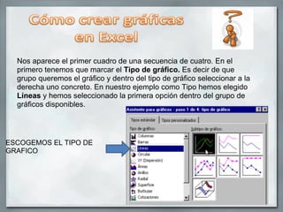 Nos aparece el primer cuadro de una secuencia de cuatro. En el
primero tenemos que marcar el Tipo de gráfico. Es decir de que
grupo queremos el gráfico y dentro del tipo de gráfico seleccionar a la
derecha uno concreto. En nuestro ejemplo como Tipo hemos elegido
Líneas y hemos seleccionado la primera opción dentro del grupo de
gráficos disponibles.
ESCOGEMOS EL TIPO DE
GRAFICO
 