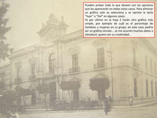 Pueden probar todo lo que deseen con las opciones
que les aparecerán en todos estos casos. Para eliminar
un gráfico solo se selecciona y se oprime la tecla
“Supr” o “Del” en algunos casos.
Ya por último en la hoja 2 harán otro gráfico más
simple, por ejemplo de cuál es el porcentaje de
hombres y mujeres en su grupo, en este caso podría
ser un gráfico circular… se me ocurren muchos datos a
introducir, quiero ver su creatividad…
 