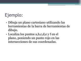 Ejemplo:
• Dibuja un plano cartesiano utilizando las
herramientas de la barra de herramientas de
dibujo.
• Localiza los puntos a,b,c,d,e y f en el
plano, poniendo un punto rojo en las
intersecciones de sus coordenadas.
 