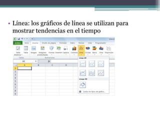 • Línea: los gráficos de línea se utilizan para
mostrar tendencias en el tiempo
 