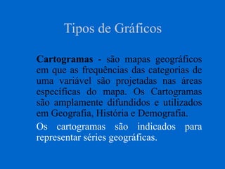Tipos de Gráficos
Cartogramas - são mapas geográficos
em que as frequências das categorias de
uma variável são projetadas nas áreas
específicas do mapa. Os Cartogramas
são amplamente difundidos e utilizados
em Geografia, História e Demografia.
Os cartogramas são indicados para
representar séries geográficas.
 