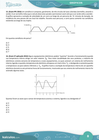 GRÁFICOS
8
15. (Enem PPL 2016) Um semáforo é composto, geralmente, de três círculos de luzes coloridas (vermelho, amarelo e
verde). A cor vermelha indica que o veículo deve estar parado e permanecer assim até que a cor verde volte a acender.
O gráfico apresenta a variação de velocidade de um carro ao longo de um percurso de 15 minutos de duração, da
residência de uma pessoa até seu local de trabalho. Durante esse percurso, o carro parou somente nos semáforos
existentes ao longo de seu trajeto.
Em quantos semáforos ele parou?
a) 2
b) 4
c) 5
d) 6
e) 7
16. (Enem 2ª aplicação 2016) Alguns equipamentos eletrônicos podem “queimar” durante o funcionamento quando
sua temperatura interna atinge um valor máximo M
T . Para maior durabilidade dos seus produtos, a indústria de
eletrônicos conecta sensores de temperatura a esses equipamentos, os quais acionam um sistema de resfriamento
interno, ligando-o quando a temperatura do eletrônico ultrapassa um nível crítico C
T , e desligando-o somente quando
a temperatura cai para valores inferiores a m
T . O gráfico ilustra a oscilação da temperatura interna de um aparelho
eletrônico durante as seis primeiras horas de funcionamento, mostrando que seu sistema de resfriamento interno foi
acionado algumas vezes.
Quantas foram as vezes que o sensor de temperatura acionou o sistema, ligando-o ou desligando-o?
a) 2
b) 3
c) 4
d) 5
e) 9
 