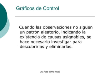 URL-FCEE-ESTAD APLIC
Cuando las observaciones no siguen
un patrón aleatorio, indicando la
existencia de causas asignables, se
hace necesario investigar para
descubrirlas y eliminarlas.
Gráficos de Control
 