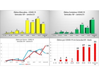 0 - 19 20 - 29 30-39 40-49 50-59 60-69 70-79 ACIMA DE
80
0
1
3
1
15
13
17
11
Óbitos Masculino - COVID 19
Sorocaba /SP – Janeiro/21
0 - 19 20 - 29 30-39 40-49 50-59 60-69 70-79 ACIMA DE
80
0
2 1 0
6
14
9
22
Óbitos Femininos COVID 19
Sorocaba /SP – Janeiro/21
0 1
3
1
15
13
17
11
0
2 1 0
6
14
9
22
0
5
10
15
20
25
0 - 19 20 - 29 30-39 40-49 50-59 60-69 70-79 Acima de 80
Óbitos por Gênero - COVID 19
Sorocaba /SP – Janeiro/21
Homem Mulher
0
3 4
1
21
27 26
33
0
5
10
15
20
25
30
35
0 - 19 20 - 29 30-39 40-49 50-59 60-69 70-79 Acima de
80
Óbitos por COVID-19 em Sorocaba/SP - Idade
 