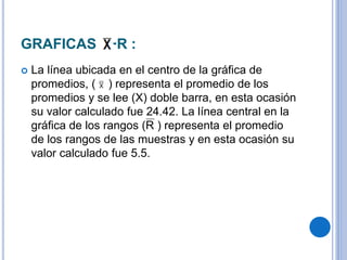 GRAFICAS −R :
 La línea ubicada en el centro de la gráfica de
promedios, ( ) representa el promedio de los
promedios y se lee (X) doble barra, en esta ocasión
su valor calculado fue 24.42. La línea central en la
gráfica de los rangos (R ) representa el promedio
de los rangos de las muestras y en esta ocasión su
valor calculado fue 5.5.
 