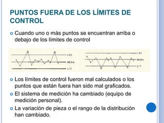 PUNTOS FUERA DE LOS LÍMITES DE
CONTROL
 Cuando uno o más puntos se encuentran arriba o
debajo de los límites de control
 Los límites de control fueron mal calculados o los
puntos que están fuera han sido mal graficados.
 El sistema de medición ha cambiado (equipo de
medición personal).
 La variación de pieza o el rango de la distribución
han cambiado.
 