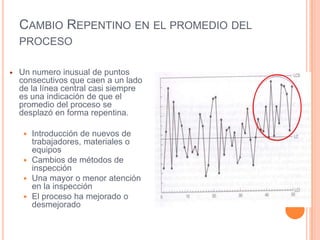 CAMBIO REPENTINO EN EL PROMEDIO DEL
PROCESO
 Un numero inusual de puntos
consecutivos que caen a un lado
de la línea central casi siempre
es una indicación de que el
promedio del proceso se
desplazó en forma repentina.
 Introducción de nuevos de
trabajadores, materiales o
equipos
 Cambios de métodos de
inspección
 Una mayor o menor atención
en la inspección
 El proceso ha mejorado o
desmejorado
 