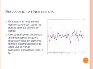 ABRAZANDO LA LÍNEA CENTRAL
 El abrazo a la línea central
ocurre cuando casi todos los
puntos caen de la línea de
centro.
 Una causa común del abrazo
a la línea central es que la
muestra incluya un elemento
tomado sistemáticamente de
cada una de varias
maquinas, operadores, ejes, e
tc.
 