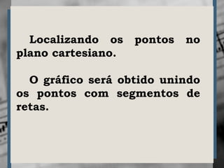 Localizando os pontos no
plano cartesiano.
O gráfico será obtido unindo
os pontos com segmentos de
retas.
 
