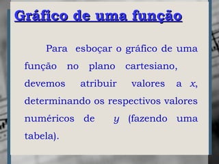 Para esboçar o gráfico de uma
função no plano cartesiano,
devemos atribuir valores a x,
determinando os respectivos valores
numéricos de y (fazendo uma
tabela).
Gráfico de uma funçãoGráfico de uma função
 