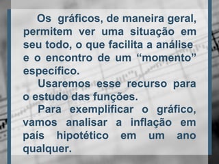 Os gráficos, de maneira geral,
permitem ver uma situação em
seu todo, o que facilita a análise
e o encontro de um “momento”
específico.
Usaremos esse recurso para
o estudo das funções.
Para exemplificar o gráfico,
vamos analisar a inflação em
país hipotético em um ano
qualquer.
 