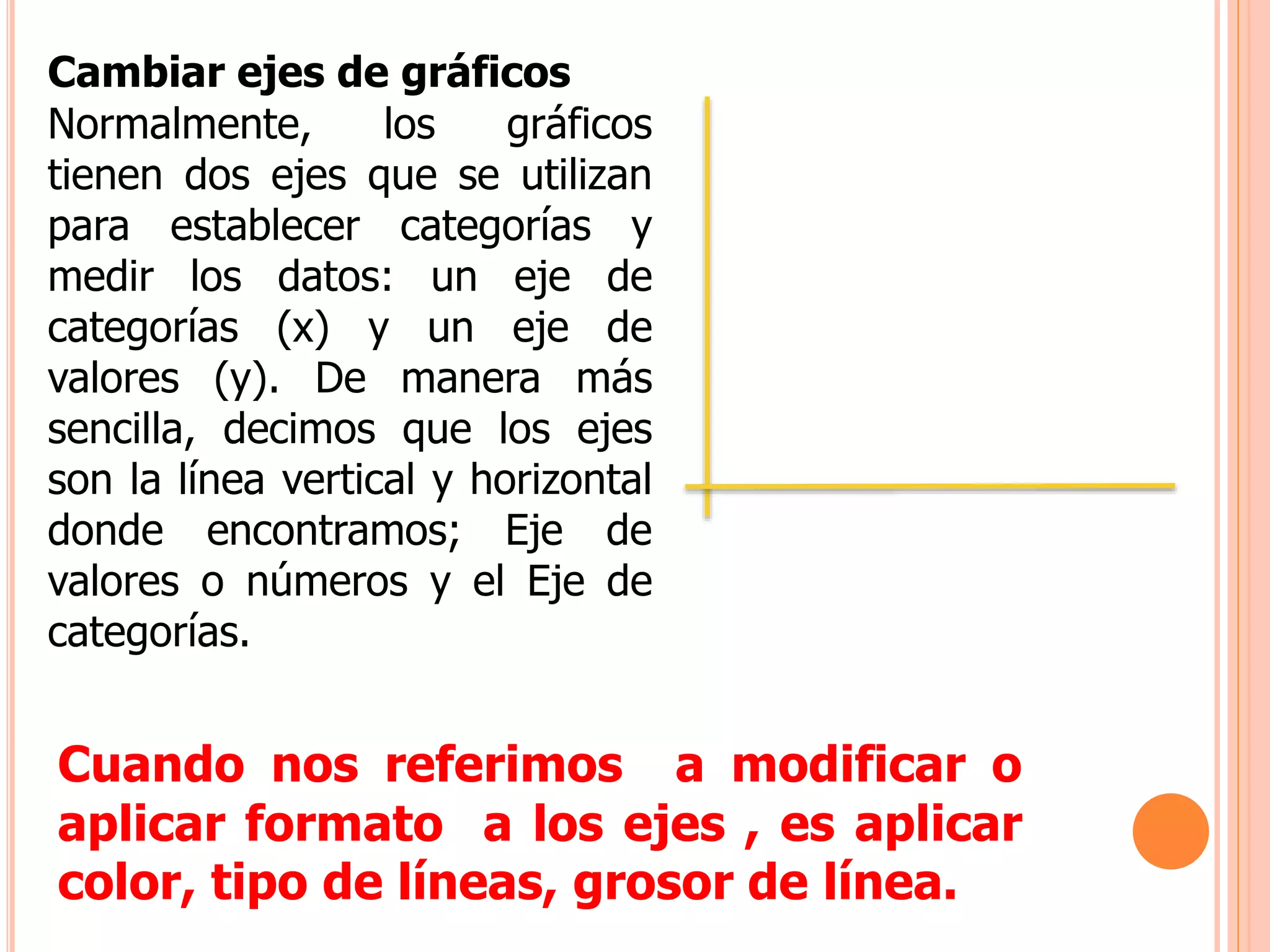 Cambiar ejes de gráficos 
Normalmente, los gráficos 
tienen dos ejes que se utilizan 
para establecer categorías y 
medir los datos: un eje de 
categorías (x) y un eje de 
valores (y). De manera más 
sencilla, decimos que los ejes 
son la línea vertical y horizontal 
donde encontramos; Eje de 
valores o números y el Eje de 
categorías. 
Cuando nos referimos a modificar o 
aplicar formato a los ejes , es aplicar 
color, tipo de líneas, grosor de línea. 
 
