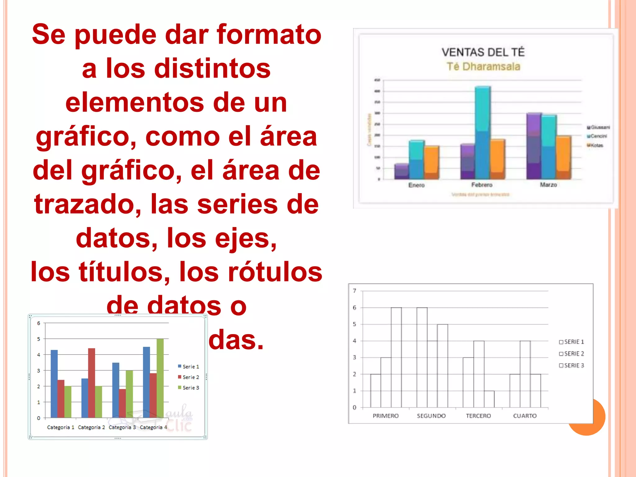 Se puede dar formato 
a los distintos 
elementos de un 
gráfico, como el área 
del gráfico, el área de 
trazado, las series de 
datos, los ejes, 
los títulos, los rótulos 
de datos o 
las leyendas. 
 