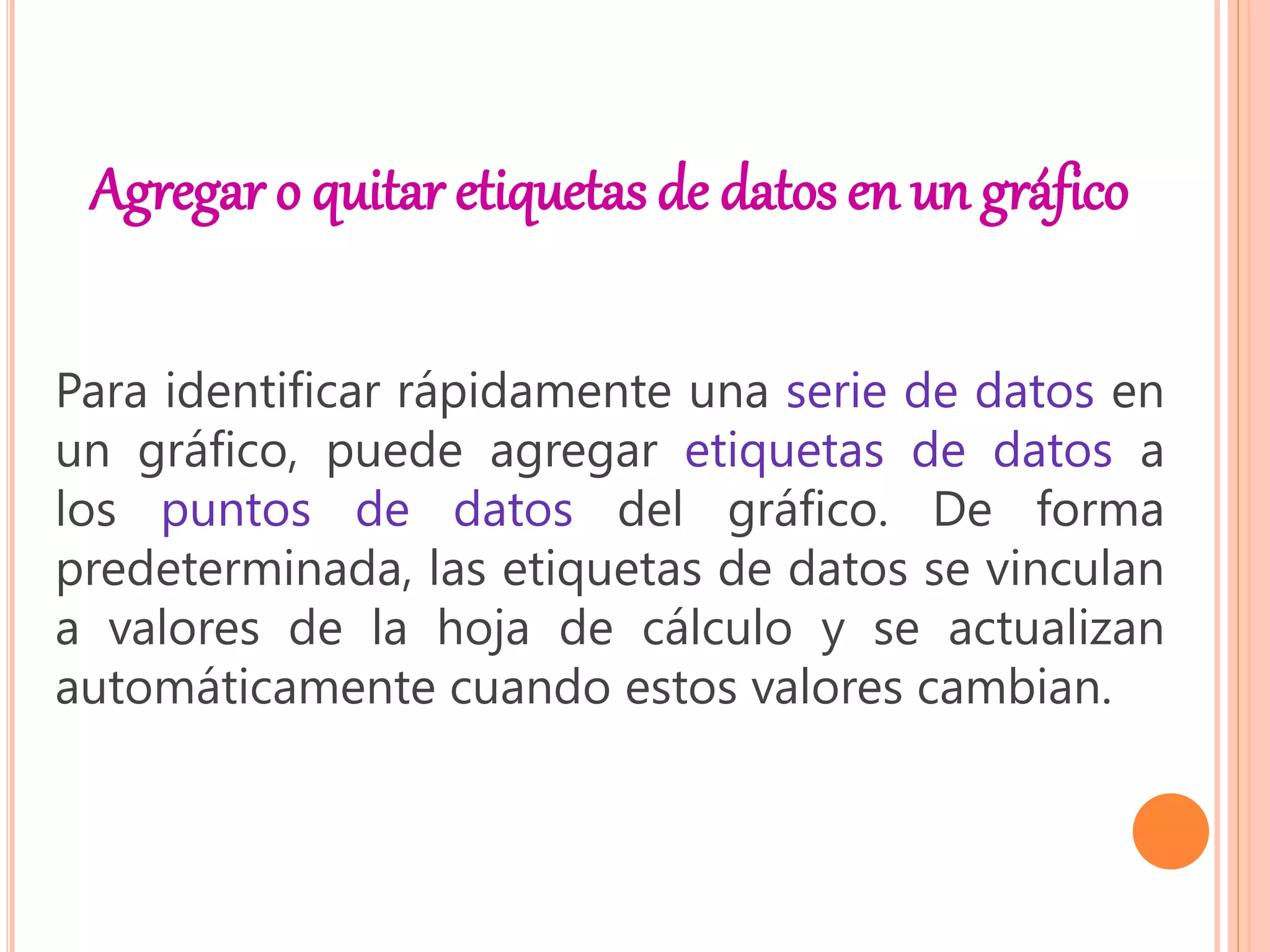 Agregar o quitar etiquetas de datos en un gráfico 
Para identificar rápidamente una serie de datos en 
un gráfico, puede agregar etiquetas de datos a 
los puntos de datos del gráfico. De forma 
predeterminada, las etiquetas de datos se vinculan 
a valores de la hoja de cálculo y se actualizan 
automáticamente cuando estos valores cambian. 
 
