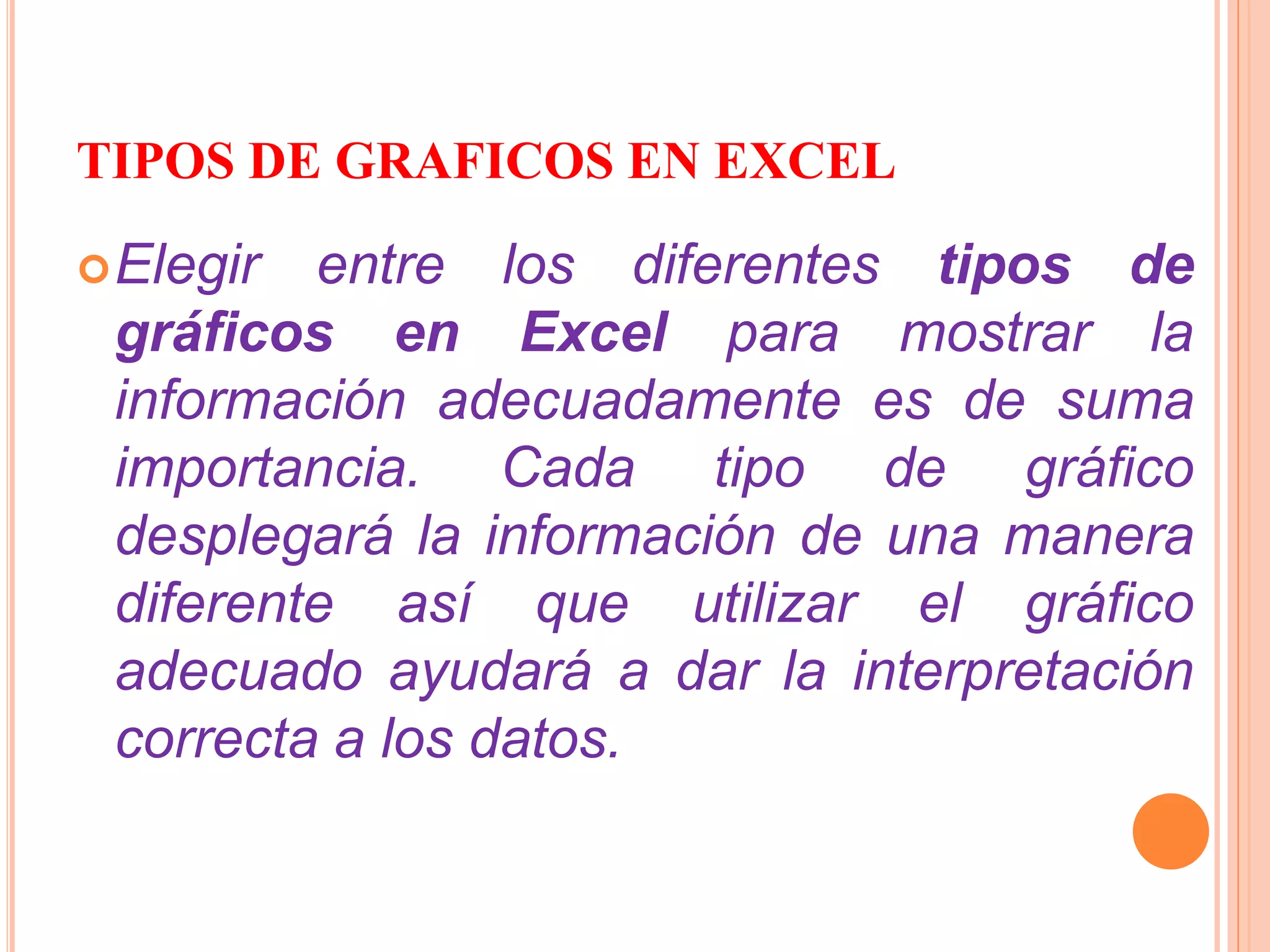 TIPOS DE GRAFICOS EN EXCEL 
Elegir entre los diferentes tipos de 
gráficos en Excel para mostrar la 
información adecuadamente es de suma 
importancia. Cada tipo de gráfico 
desplegará la información de una manera 
diferente así que utilizar el gráfico 
adecuado ayudará a dar la interpretación 
correcta a los datos. 
 