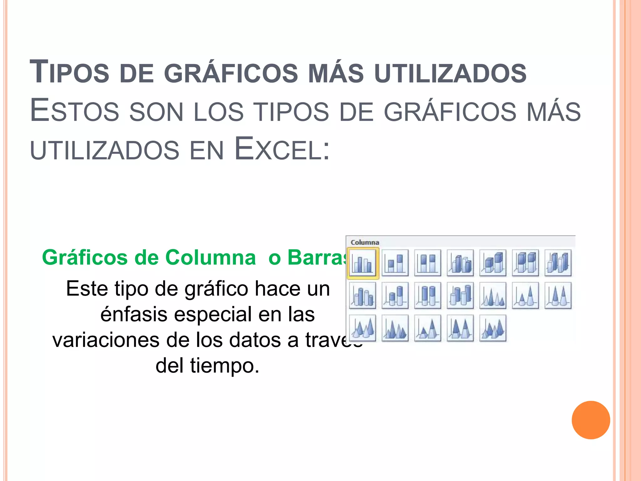 TIPOS DE GRÁFICOS MÁS UTILIZADOS 
ESTOS SON LOS TIPOS DE GRÁFICOS MÁS 
UTILIZADOS EN EXCEL: 
Gráficos de Columna o Barras 
Este tipo de gráfico hace un 
énfasis especial en las 
variaciones de los datos a través 
del tiempo. 
 