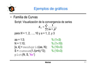 Ejemplos de gráficos
F -
' 9 G
; 6! *! :! 6A ; 6! *! +
56
6
Matlab
; 6! *! :! 6A ; 6! *! +
; 6 +< J %6×+&
N ; 6 6A< J %6×6A&
@ ! (B ; meshgrid% ! N&< J %6A×+&
' ; cumsum%615% I(&1M*&< J %6A×+&
plot%N! '! 7( O7&
 