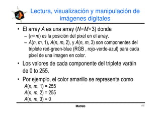 Lectura, visualización y manipulación de
imágenes digitales
4 ! % A"A+&
% A & 1
!% ! ! 6&! !% ! ! *&! !% ! ! +&
O O %T U ! # O O G &
1
Matlab
1
A *HH1
$ # !
!% ! ! 6& ; *HH
!% ! ! *& ; *HH
!% ! ! +& ; A
 