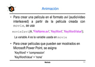 Animación
$ % 5
&
movie!
movie2avi% ! 7F N 1 7! 78 2 7! 78 2 9 7&<
Matlab
! movie
$ "
$ 3 $ !
78 2 7 ; 7 7
78 2 9 7 ; 7 7
 