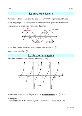 5BP                                                                                   2010/11


                             La funzione coseno
Possiamo costruire il grafico della funzione     y=cosx riportando sull'asse x i
valori degli angoli e sull'asse y i valori delle ascisse dei punti che stanno sulla
circonferenza goniometrica. Ricaviamo il grafico




                                                                 
la funzione coseno è traslata della funzione seno del valore     2
                       
infatti cosx= sen x 
                        2
                            La funzione tangente
Possiamo costruire il grafico della funzione     y=tg x




                                                                      
osserviamo che ha un periodo pari a  e asintoti verticali a          2
                                                                        2k  .

Bibliografia
Haese and Harris P. Mathematics for the International Student HL CORE


                                                                                  Prof. Pischiutta
 