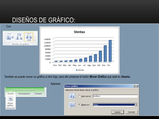 Con
También se puede mover un gráfico a otra hoja, para ello presione el botón Mover Gráfico que está en Diseño.
Aparece:
DISEÑOS DE GRÁFICO:
 