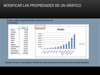 MODIFICAR LAS PROPIEDADES DE UN GRÁFICO
Si desea modificar el tamaño del gráfico ubique el mouse en una
de las esquinas:
Aparece el recuadro: Área del gráfico. Presionando el botón izquierdo del mouse puede cambiar el tamaño del gráfico.
 