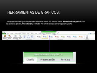Una vez se incrusta el gráfico aparece en la barra de menús una sección nueva, Herramientas de gráficos, con
tres pestañas: Diseño, Presentación y Formato. Por defecto aparece activa la pestaña Diseño.
HERRAMIENTAS DE GRÁFICOS:
 