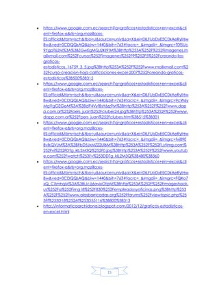 https://www.google.com.ec/search?q=graficos+estadisticos+en+excel&cli
ent=firefox-a&rls=org.mozilla:esES:official&tbm=isch&tbo=u&source=univ&sa=X&ei=DILFUoDxE5C0kAeRyIHw
Bw&ved=0CDQQsAQ&biw=1440&bih=763#facrc=_&imgdii=_&imgrc=T0f5Uc
9YgpT62M%3A%3BZGwEgMQJ2Kl9TM%3Bhttp%253A%252F%252Fimagenes.m
ailxmail.com%252Fcursos%252Fimagenes%252F9%252F5%252Fcreando-losgraficosestadisticos_16759_3_5.jpg%3Bhttp%253A%252F%252Fwww.mailxmail.com%2
52Fcurso-creacion-hoja-calificaciones-excel-2007%252Fcreando-graficosestadisticos%3B500%3B315
https://www.google.com.ec/search?q=graficos+estadisticos+en+excel&cli
ent=firefox-a&rls=org.mozilla:esES:official&tbm=isch&tbo=u&source=univ&sa=X&ei=DILFUoDxE5C0kAeRyIHw
Bw&ved=0CDQQsAQ&biw=1440&bih=763#facrc=_&imgdii=_&imgrc=9cW6y
MgVgGEGeM%3A%3BdP4VyfBsY6zz9M%3Bhttp%253A%252F%252Fwww.dap
p.com.ar%252Fpers_juan%252Fclubes24.jpg%3Bhttp%253A%252F%252Fwww.
dapp.com.ar%252Fpers_juan%252Fclubes.htm%3B515%3B301
https://www.google.com.ec/search?q=graficos+estadisticos+en+excel&cli
ent=firefox-a&rls=org.mozilla:esES:official&tbm=isch&tbo=u&source=univ&sa=X&ei=DILFUoDxE5C0kAeRyIHw
Bw&ved=0CDQQsAQ&biw=1440&bih=763#facrc=_&imgdii=_&imgrc=fvi89E
BvlkQVJM%3A%3BFbD5JxMZ22Ul6M%3Bhttp%253A%252F%252Fi.ytimg.com%
252Fvi%252FDTg_kIL2M3Q%252F0.jpg%3Bhttp%253A%252F%252Fwww.youtub
e.com%252Fwatch%253Fv%253DDTg_kIL2M3Q%3B480%3B360
https://www.google.com.ec/search?q=graficos+estadisticos+en+excel&cli
ent=firefox-a&rls=org.mozilla:esES:official&tbm=isch&tbo=u&source=univ&sa=X&ei=DILFUoDxE5C0kAeRyIHw
Bw&ved=0CDQQsAQ&biw=1440&bih=763#facrc=_&imgdii=_&imgrc=FQKo7
xQ_CXmhqM%3A%3BiJcJj6avixOtpM%3Bhttp%253A%252F%252Fimageshack.
us%252Fa%252Fimg18%252F830%252Fempleadosyoficinas.png%3Bhttp%253
A%252F%252Fwww.alasbarricadas.org%252Fforums%252Fviewtopic.php%25
3Ff%253D18%2526t%253D55116%3B800%3B313
http://informaticaarchidona.blogspot.com/2012/12/graficos-estadisticosen-excel.html

15

 