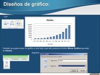 Con
También se puede mover un gráfico a otra hoja, para ello presione el botón Mover Gráfico que está
en Diseño.
Aparece:
Diseños de gráfico:
 